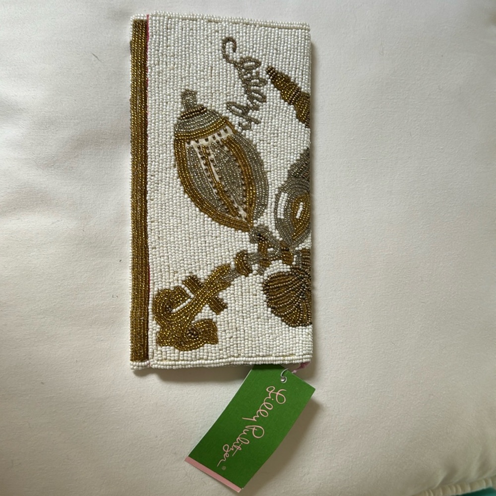 Lilly Pulitzer, rare shellshocked beaded clutch and WT gold/white